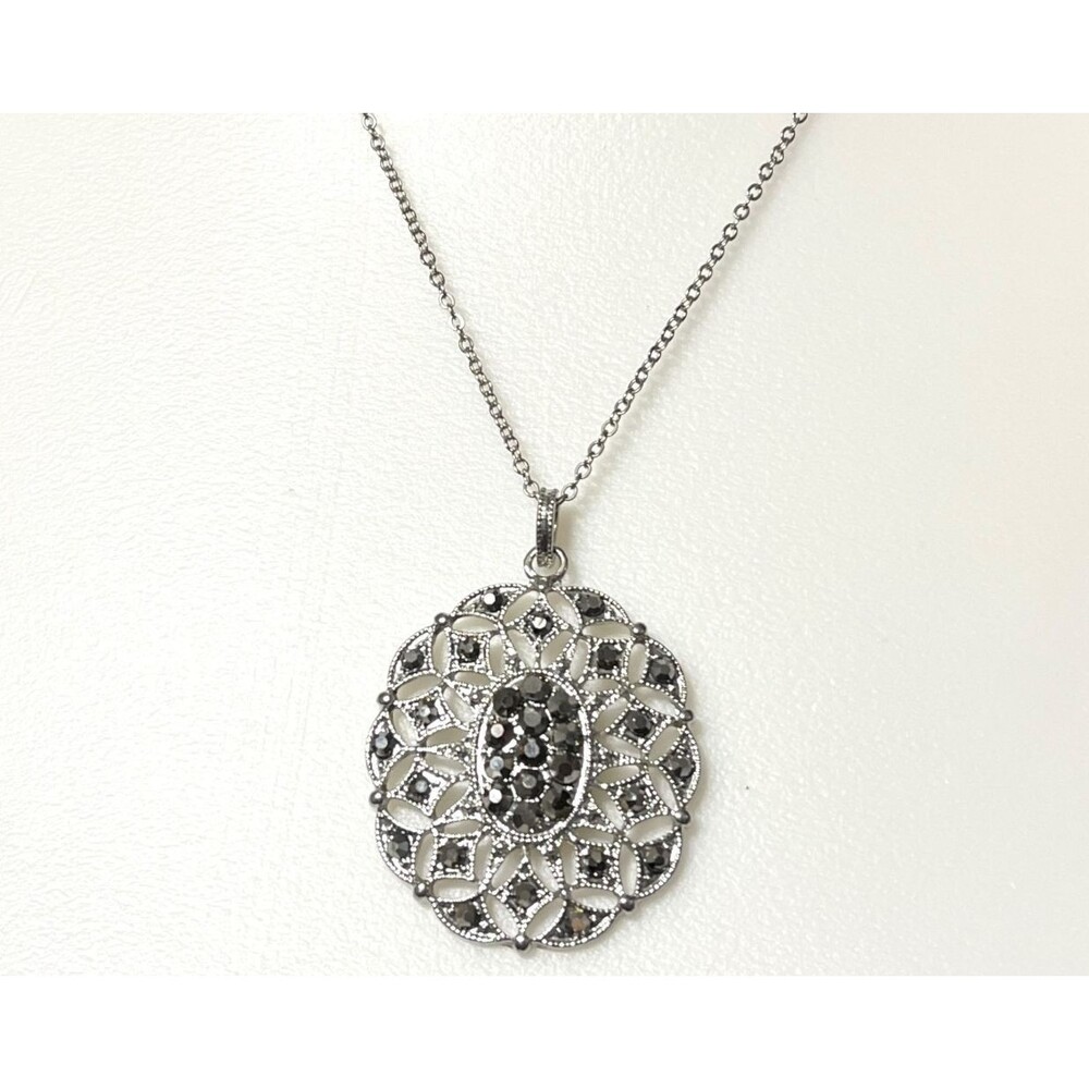 Silver Tone Filigree Marcasite Pendant Necklace Statement Large Oval Retro 22"